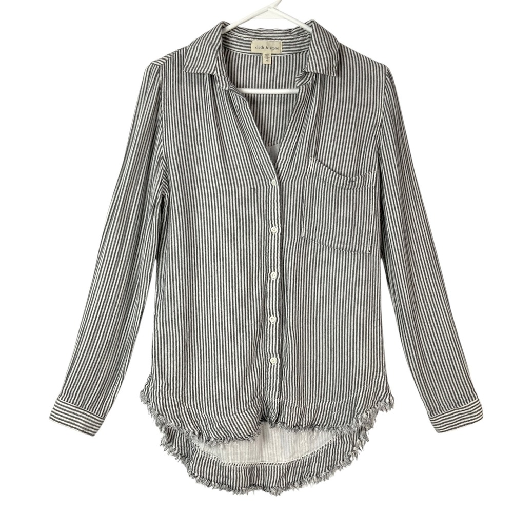 Cloth & Stone Gray White Striped Button Down Shirt XS Collar Long Sleeve Frayed